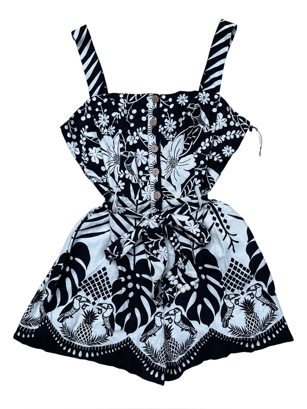 NWT Rachel Zoe Black White Tropical Print Linen Blend Romper Size 12